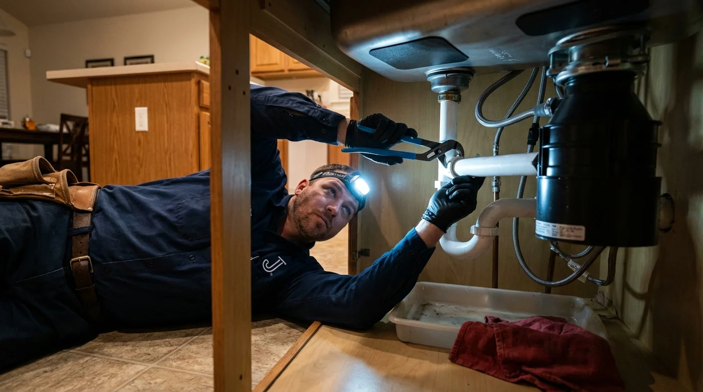 P-trap and supply line connections under a kitchen sink showing a common leak point in Newport, TN